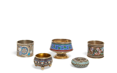 An assembled group of Russian gilt silver and enamel tableware