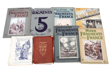 An assortment of military magazines and books. Including five 'The Bystander's Fragments' by Bruce Bairnsfather, a copy of 'The Great War...I Was There!' a selection of 'Historic Cartoons of the Great War' and a copy of 'Jumbo in the Great War', 1919