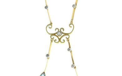 An early 20th century 15ct gold aquamarine and diamond negligee necklace.