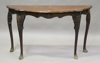 An early 20th century walnut console table with carved cabriole legs, height 81cm, width 146cm, dept