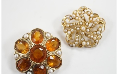 An early 20th century yellow metal, citrine and split pearl ...