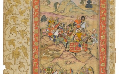 An illustration from the 'British Library/Chester Beatty' Akbarnama, mounted on a leaf from the Farhang-i Jahangiri of 1608: A Mughal army from the Punjab defeats the army of Gakhars and captures Sultan Adam, the painting attributed to Sur Das...