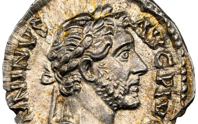 Ancients: , Antoninus Pius, as Augustus (AD 138-161). AR denarius (17mm, 3.28 gm, 6h). NGC MS 5/5 - 5/5....