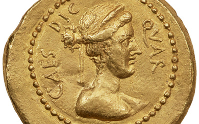 Ancients: , Julius Caesar, as Dictator for the Fourth Time and Consul for the Fifth Time (44 BC). AV aureus (22mm, 8.08 gm, 9h). VF, repai...