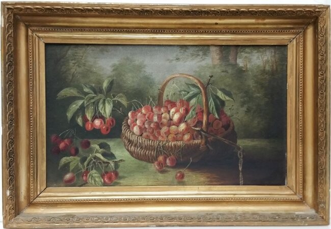 Antique Late Victorian Grapes in Basket Still Life Oil