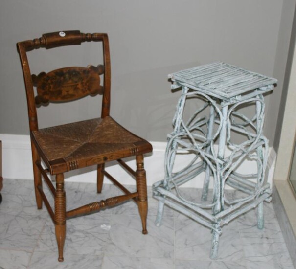 Antique Rush Seat Chair and Decorative Twig Stand