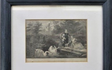Antique Victorian Engraving, Feeding the Swans, 1860s, Oak Frame
