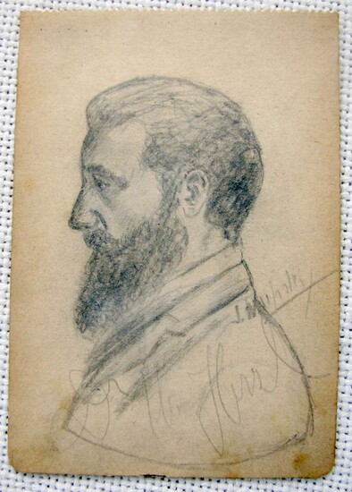 Antique miniature portrait of Theodor Herzl, pencil drawing, signed.