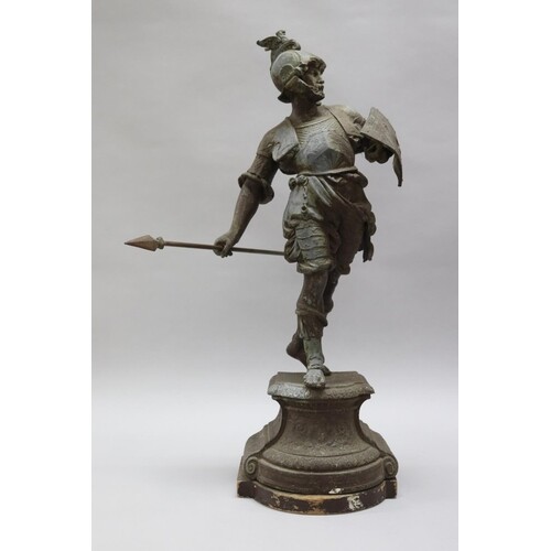 Antique spelter warrior figure with spear, on wooden base, a...