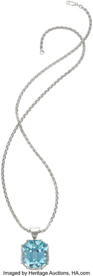 Aquamarine, White Gold Pendant-Necklace Stones: Octagonal-shaped aquamarine Metal: 14k...