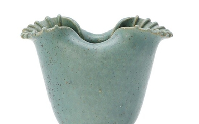 SOLD. Arne Bang: A stoneware vase, upper part modelled in oval shape and with fluted relief decor. Decorated with green glaze with brownish black elements. – Bruun Rasmussen Auctioneers of Fine Art