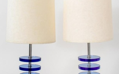 Art Deco Streamline Moderne pair of table lamps with stacked blue glass discs on circular chromed