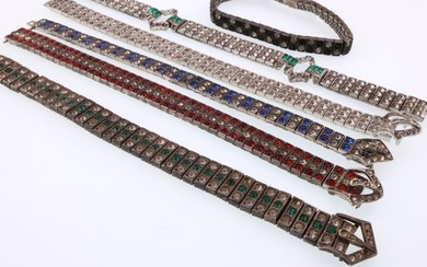 Art Deco Style; Six Sterling Silver Rhinestone Line Bracelets