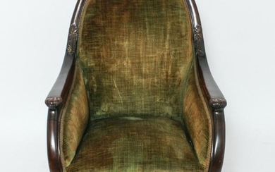 Art Nouveau Carved Wood & Upholstered Arm Chair
