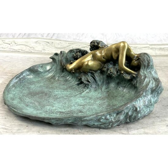 Art Nouveau Style Signed Nude Figure Bronze Tray