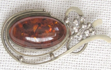 Art nouveau silver plated Melchior and natural honey amber large floral brooch, 19 gr.