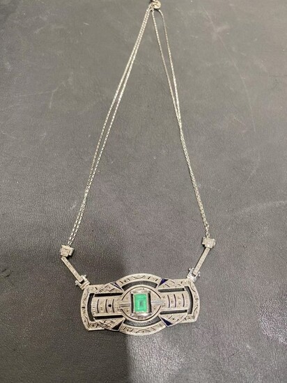 Artdeco Platinum Emerald Diamond Necklace