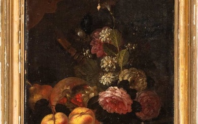 Artista attivo a Roma, seconda met? del XVII secolo Still life of flowers, peaches, plums and