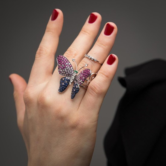 BAGUE PAPILLON ARTICULEE A ruby, sapphire, diamond and gold ring.