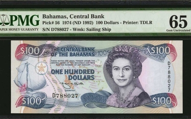 BAHAMAS. Central Bank of the Bahamas. 100 Dollars, 1974 (ND 1992). P-56. PMG Gem Uncirculated 65 EPQ.