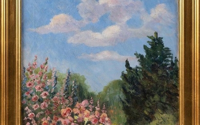 BERTHA CORSON DAY BATES, Delaware/Pennsylvania, 1875-1968, Flower-lined path., Oil on canvas, 18" x 16". Framed 22" x 20".