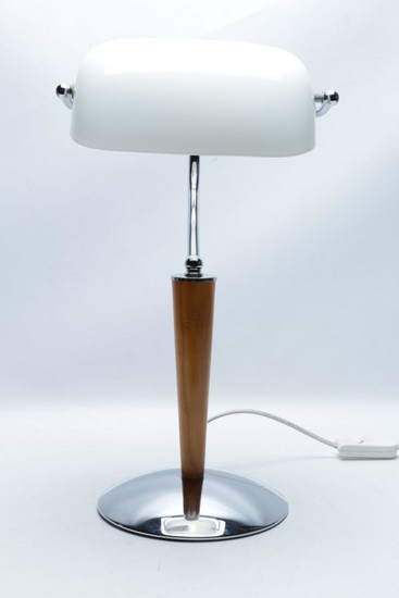 Banker's table lamp with chrome base and white shade, H45cm