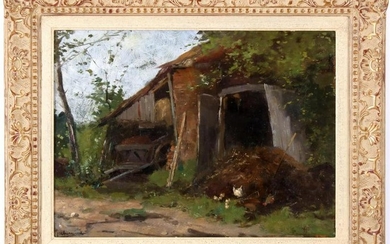 Barn with cart and chickens, panel 30x41 cm