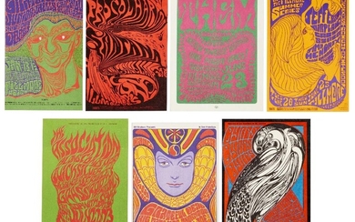 Bill Graham (b.1920), Seven psychedelic offset lithograph postcards for Fillmore Auditorium, circa1960's, Comprising BG43 by Lee Conkin, (Procol Harem), BG69 by Clifford Charles Seeley, (Jefferson Airplane), the remainder designed by Wes Wilson;...