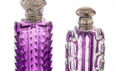 Birmingham Lavender And Lavender Overlay Crystal Scent Bottles, Silver Caps Ca. 19th.c., 3.8", 3.2"