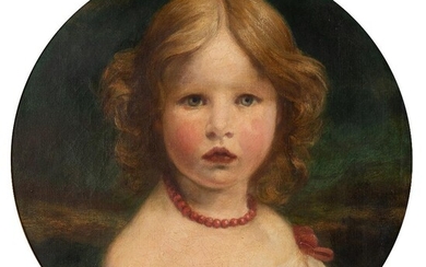 British School, mid-late 19th century- Portrait of a girl, quarter length, wearing a white dress with pink ribbons, and a red beaded necklace; oil on canvas, oval slip, 41 x 41 cm. Provenance: With Arthur Ackermann, London.; Private Collection, UK.