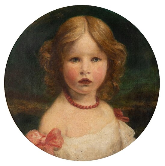 British School, mid-late 19th century- Portrait of a girl, quarter length, wearing a white dress with pink ribbons, and a red beaded necklace; oil on canvas, oval slip, 41 x 41 cm. Provenance: With Arthur Ackermann, London.; Private Collection, UK.