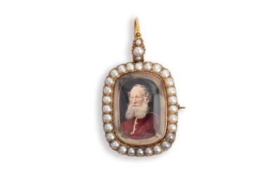 Broche pendentif de deuil miniature en perles et portrait, milieu du 19e siècle, de forme...