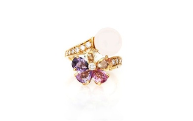 Bvlgari Pearl and Multicolor Sapphire Flower Ring with Diamonds