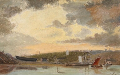 SOLD. C. F. Sørensen: Harbour view. Signed C. F. S. Oil on paper laid on...