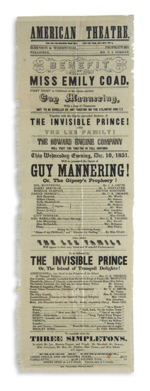 (CALIFORNIA.) Early playbill for San Francisco's American Theatre, printed on silk. Letterpress broadside,...