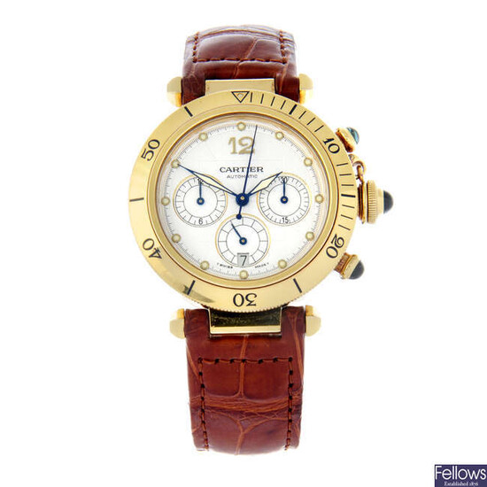 CARTIER - an 18ct yellow gold Pasha chronograph wrist watch, 38mm.