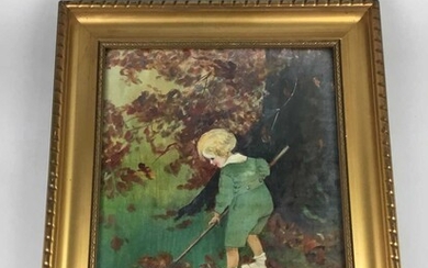 CHILD BRUSHING LEAVES, OIL ON CANVAS