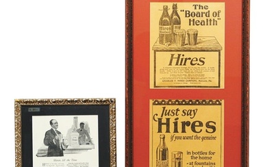 COLLECTION OF 2 PROFESSIONALLY FRAMED HIRES ROOT BEER ADVERTISEMENTS W/ VARIOUS BOTTLES & SYRUP