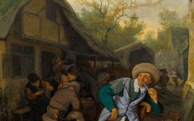 CORNELIS DUSART(1660 Haarlem 1704)Homme fumant la pipe devant une auberge. 1684.Huile sur toile. Signé et...