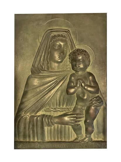 Carlo Andreoni, Patinated bronze cast plaque depicting stylized Madonna with child