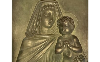 Carlo Andreoni - Placca in fusione di bronzo patinato raffigurante madonna con bambino stilizzati, 1930s