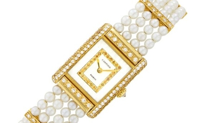 Cartier Paris Gold, Mother-of-Pearl, Cultured Pearl, Colored Diamond and Diamond Wristwatch, Ref. 0132