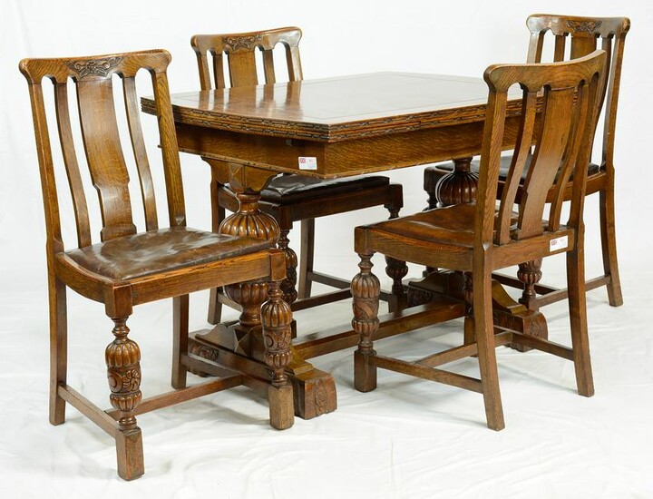 Carved Oak British Draw Leaf Dining Table & 4 Chairs
