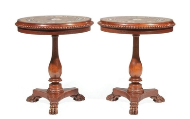 Carved Walnut and Pietra Dura Side Tables