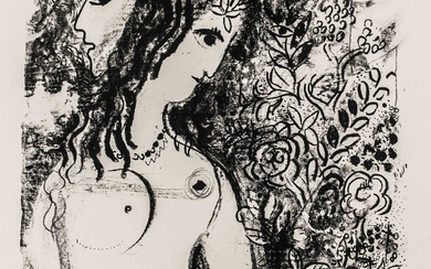 Chagall, Marc. Couple à l'oiseau. Lithographie sur vélin. Signé en bas à droite. Numéroté en...
