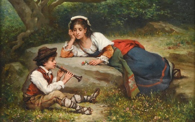 Charles Baptiste Schreiber (1845-1903) 'Young couple playing flute in the clearing', signed lower left, oil on panel (panel with manufacturers mark 'Alexis Ottoz, Paris'). H. 23 cm. W. 32 cm.