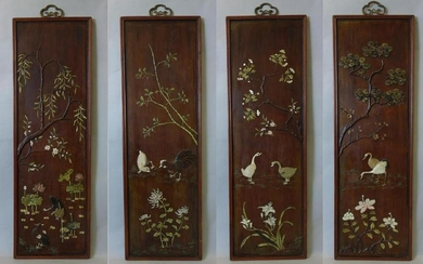 Chinese 4 Panel Inlaid Wood Screen, Four Seasons