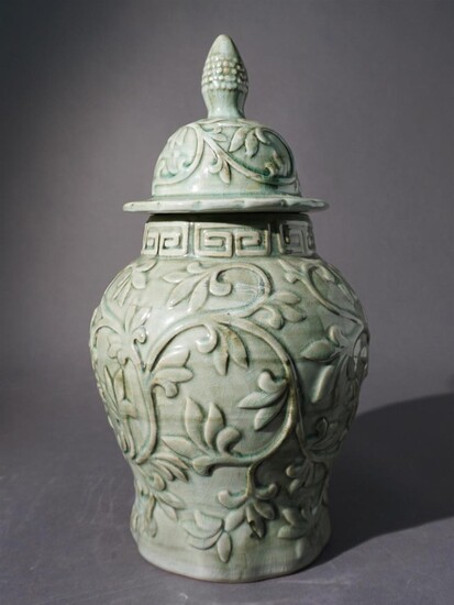 Chinese Celadon Glazed Covered Urn, H: 17-1/2 in