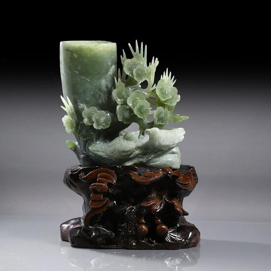 Chinese Green Jade Carved Birds and Flowers on Stand