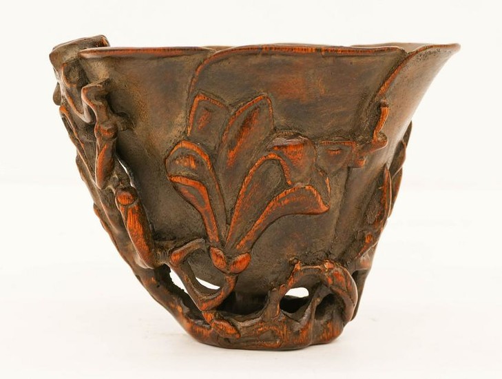 Chinese Sandlewood Carved Libation Cup 6.5"